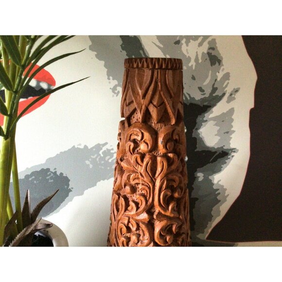 Vintage Vase Ornate Floral Hand Carvings Wooden 10" x 4"  Made In Thailand - Picture 2 of 14